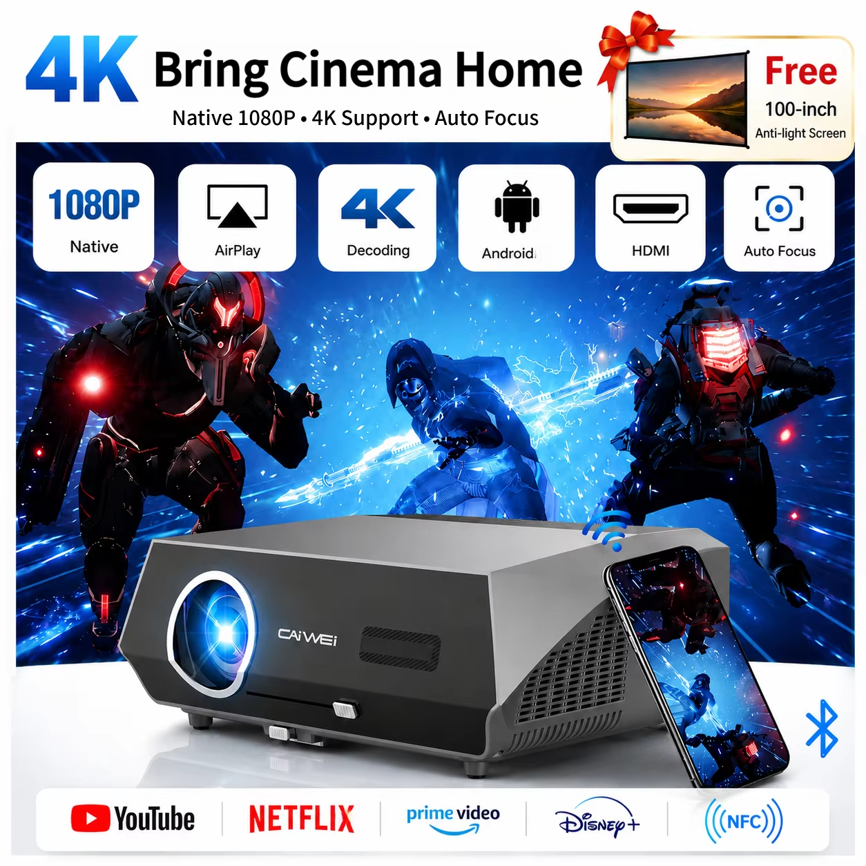 4K オートフォーカスムービープロジェクター 3800 ANSI 2.4 5G WiFi Bluetooth 1080P フル HD HDR Android TV ビデオ昼間プロジェクターホームシアター