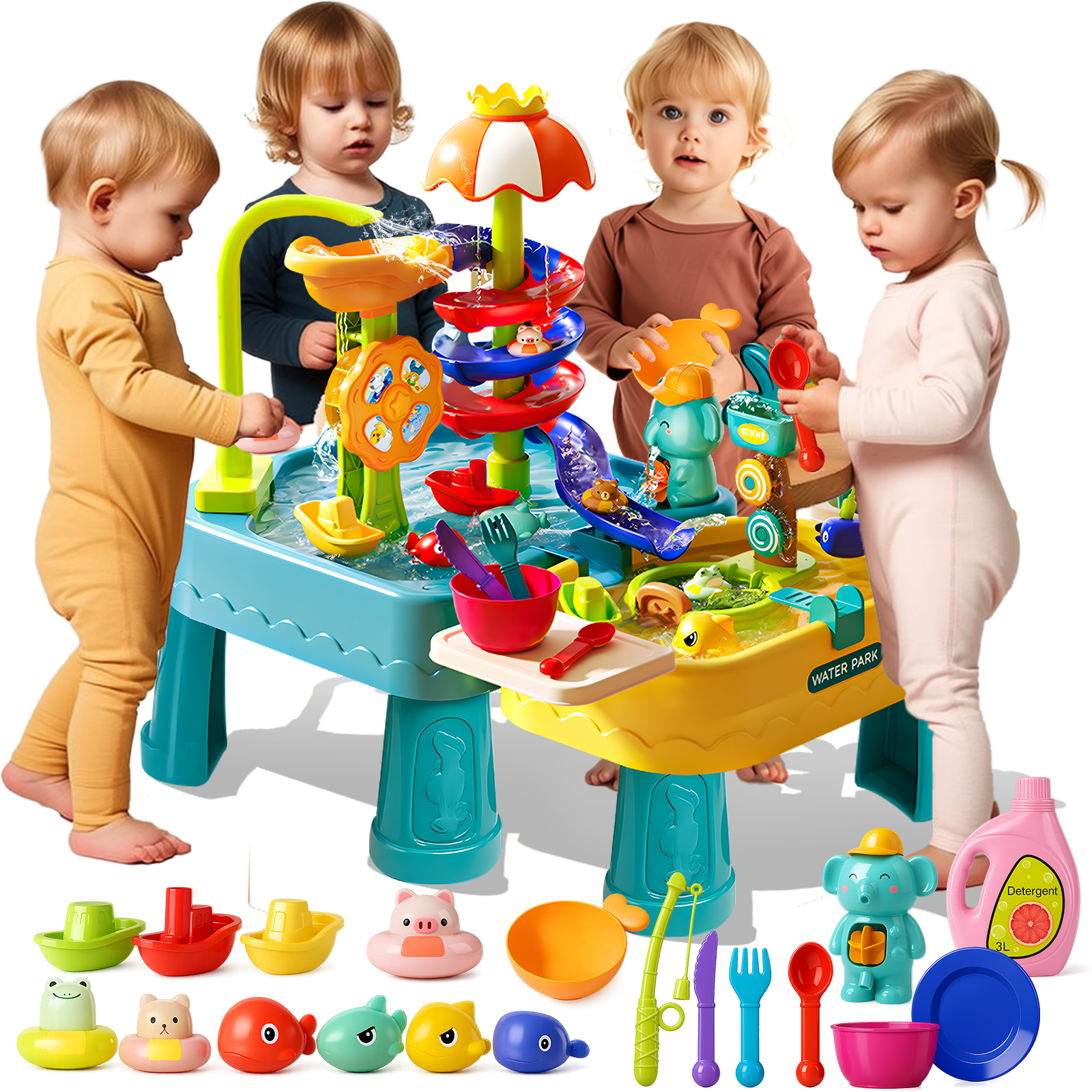 幼児用ビーチウォーターおもちゃ 1～3歳の屋外砂と水遊びテーブル ポンプ付き 4 in 1 夏用キッチンシンクおもちゃ 釣りゲーム付き フローティングボート 感覚ギフト 年齢3～8歳の子供向け