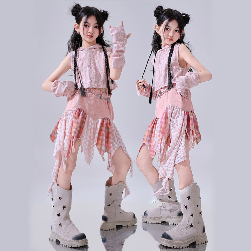 女の子ヒップホップ服ピンクのフード付きトップピンクの花びらスカート子供パフォーマンス衣装子供ジャズストリートダンス衣装