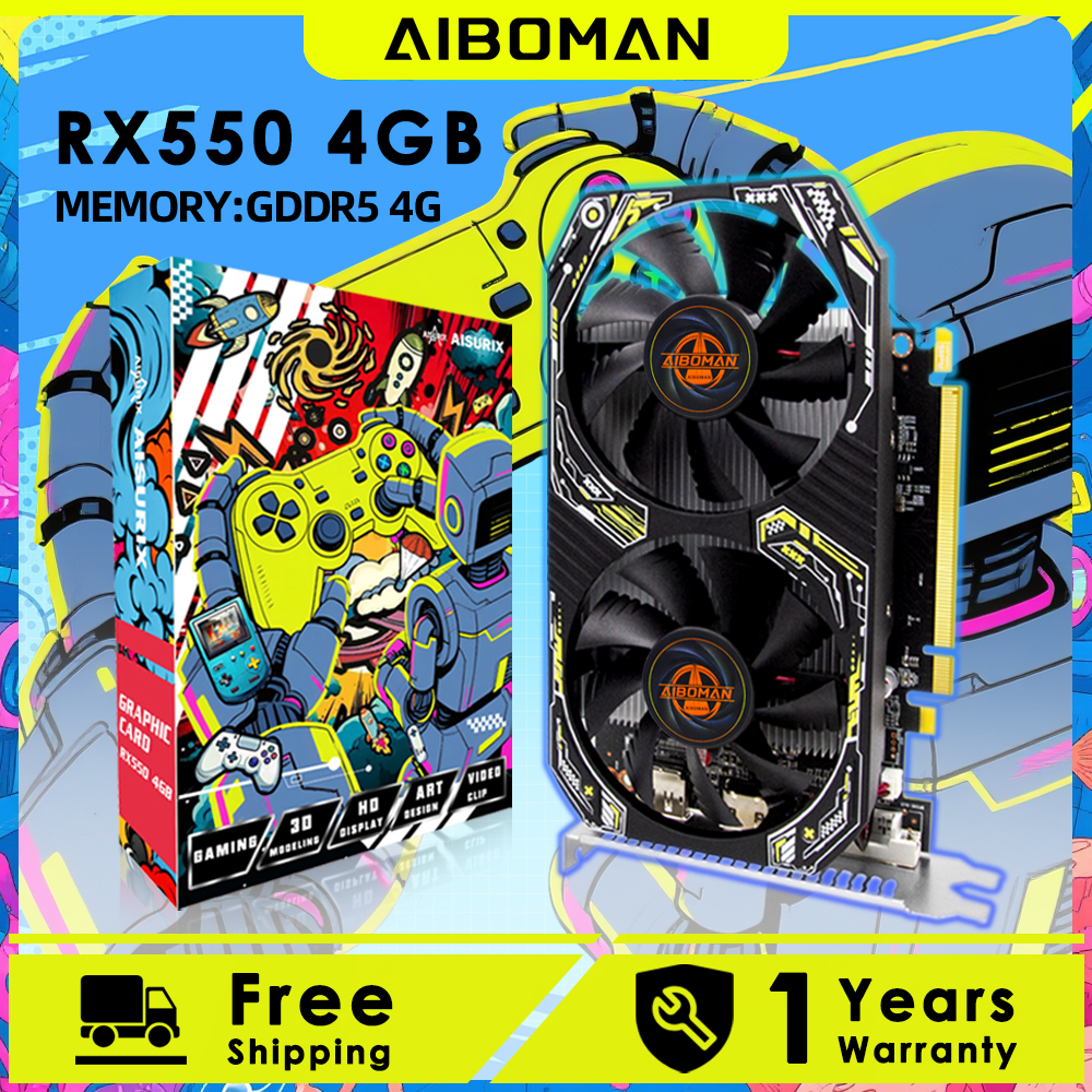 AIBOMAN ゲーマー ブラック イエロー AMD RX550 4GB GDDR5 グラフィックカード 128ビット デュアルファン コンピューターアセンブリ アクセサリー 電動オフィス ゲーム