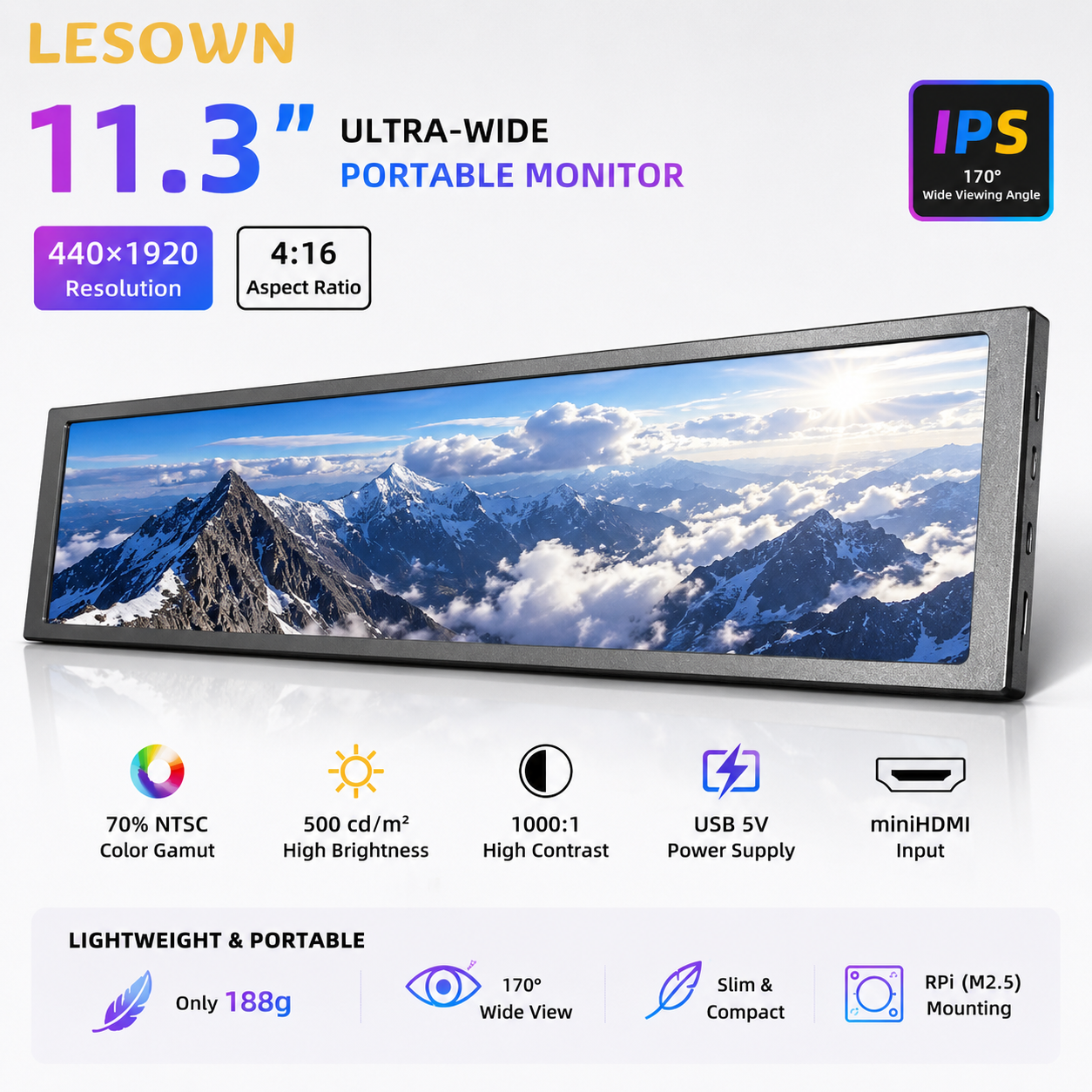LESOWN 11.3 インチ 440x1920 miniHDTV SBC サブディスプレイ ブラック アルミニウム 500nit 超ストレッチ モニター Jetson Nano ボード用