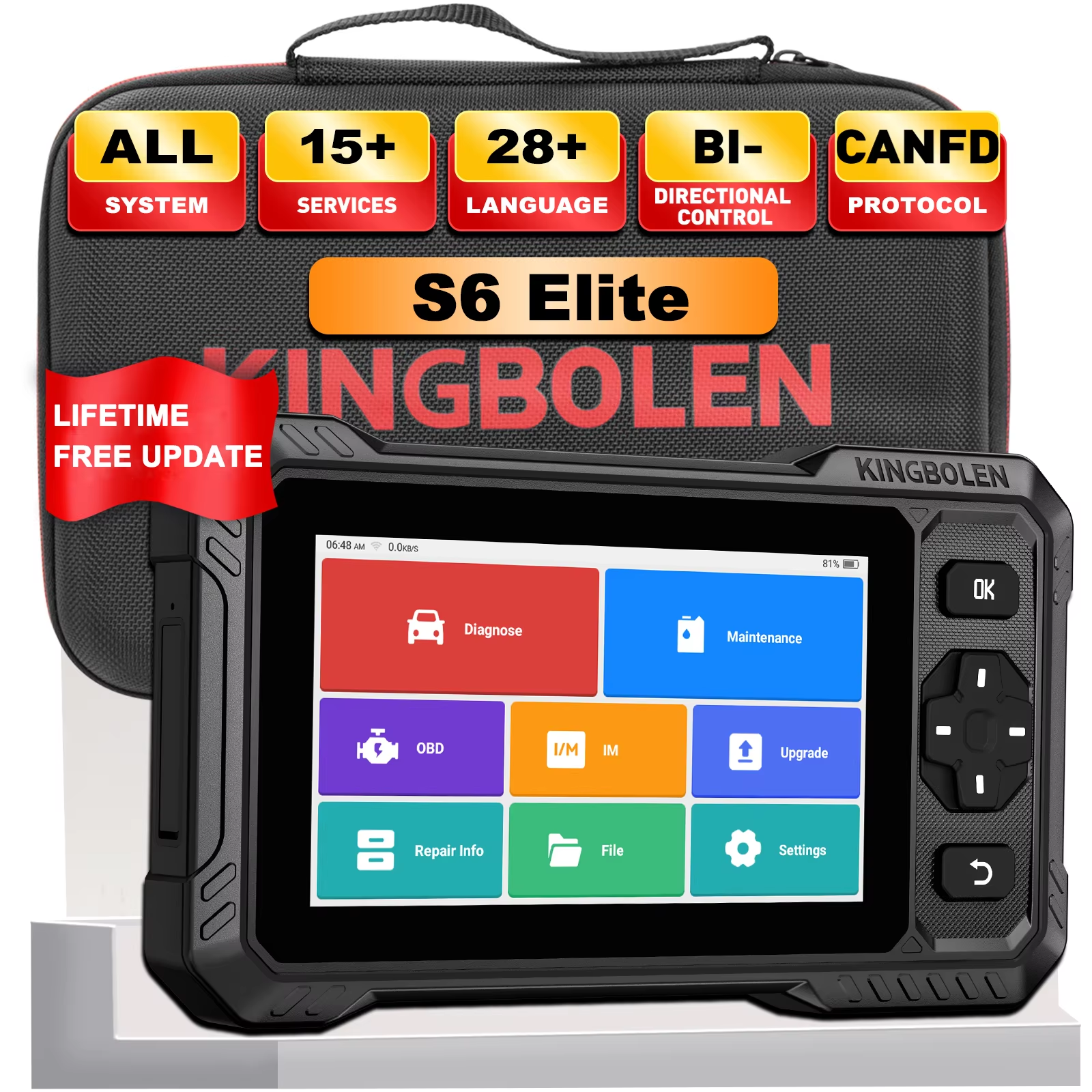 Kingbolen S6 エリート / S6 OBD2 スキャナー スキャン ツール、15 リセット、アクティブ テスト、全システム車診断スキャナー、CAN FD/FCA/ルノー SGW