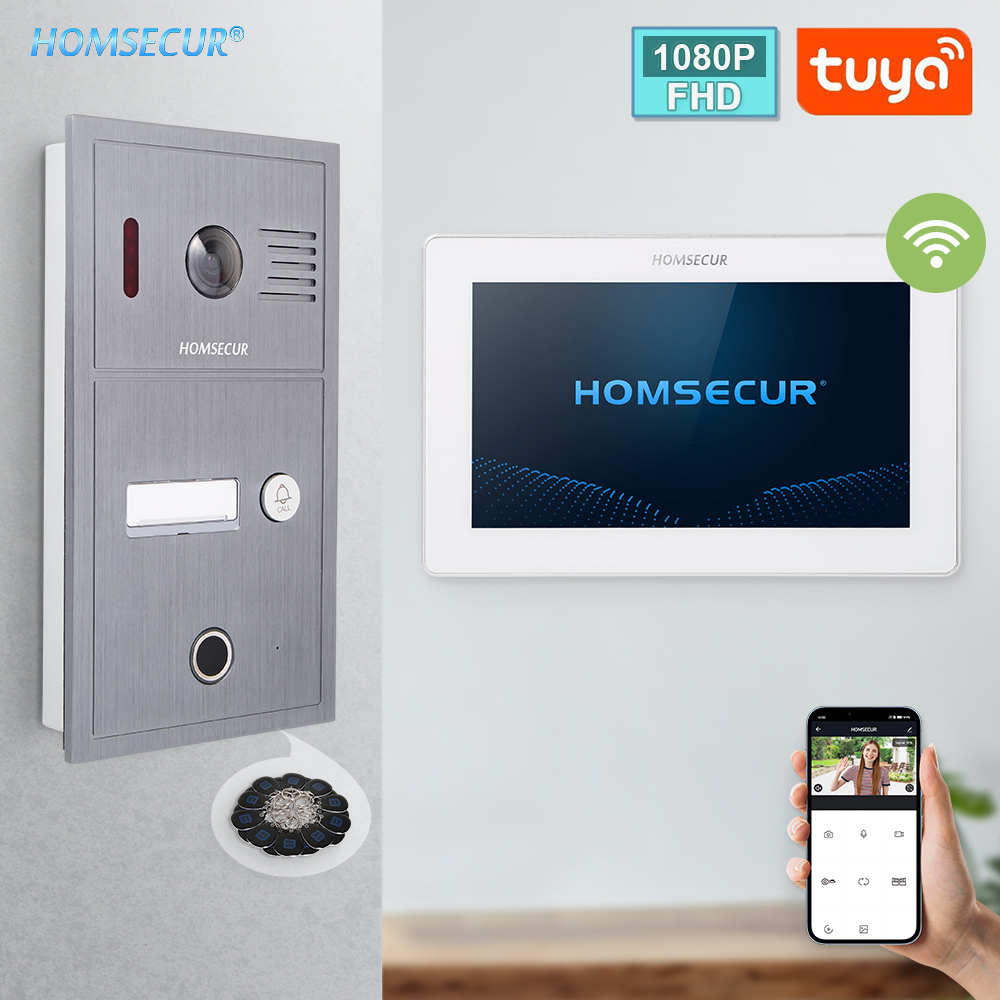 HOMSECUR 4 ワイヤー Tuya スマート 7 "WIFI 1080P ビデオ電話ドアベルインターホン IP65 カメラ指紋 IC キーフォブアクセススナップショット記録