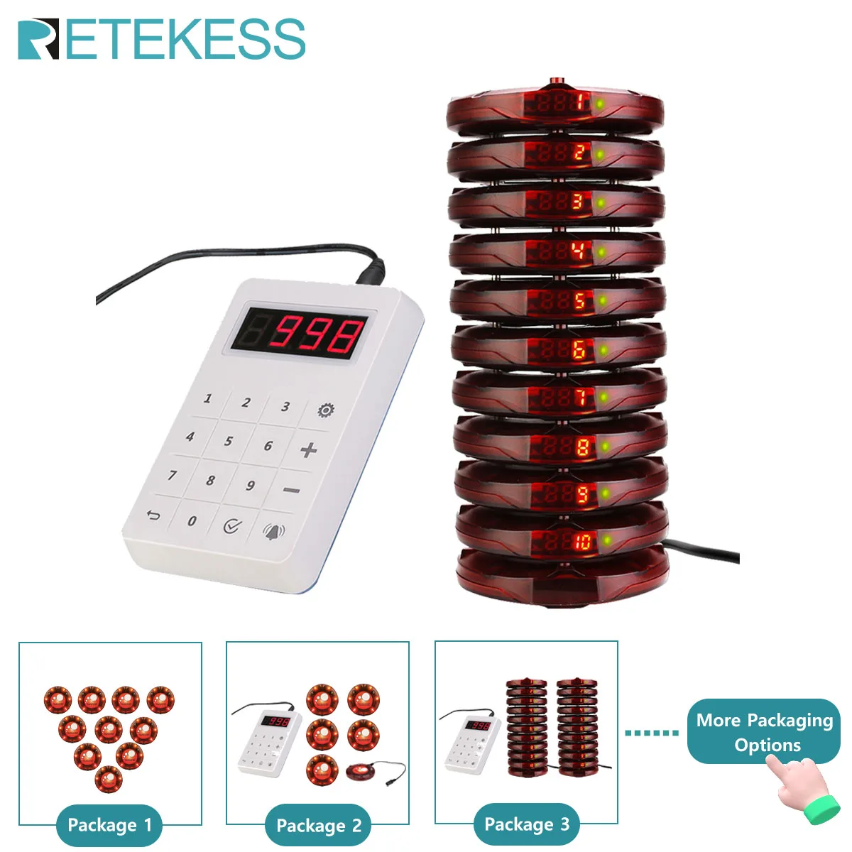 RETEKESS TD158 レストラン用ポケットベル、バイブレーター、コースターブザー、受信機、防水キーボード付き（フードトラック、バー、カフェ向け）