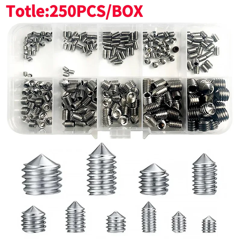 250 ピース/箱 304 ステンレス先端止めねじキット六角六角ソケットアレンカップポイント DIY セットドアハンドルボルト M2 M3 M4 M5 M6 M8 DIN916