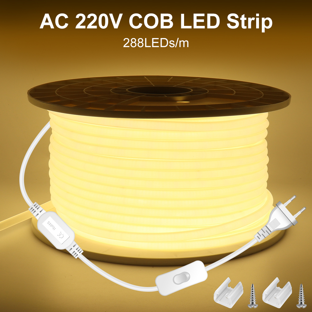20 メートル 50 メートル高輝度 COB LED ストリップライト 288leds/M EU プラグ 220V CRI RA90 屋外ガーデン FOB テープ LED 寝室のキッチン照明