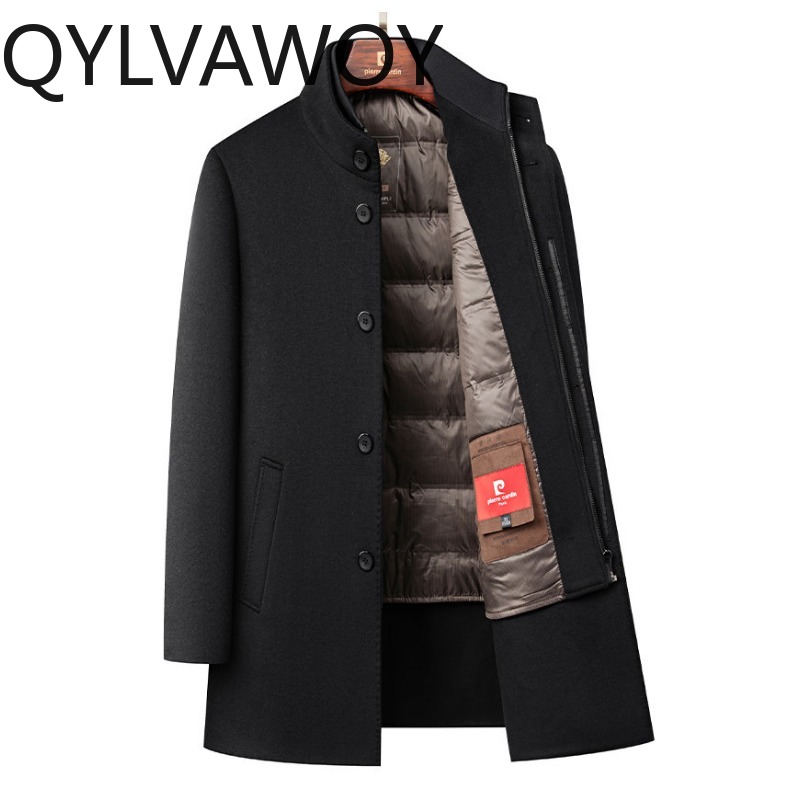 QYLVAWOY 100% リアルウールマンジャケット冬のメンズウールとトレンチコートミッドレングスジャケットスタンドカラーコート暖かい高品質
