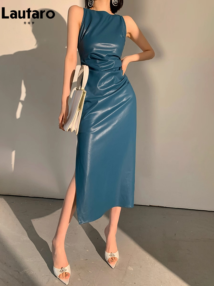 Lautaro 春秋ノースリーブ背中の開いた黒ストレッチブルーソフトフェイクレザーミディタンクドレス女性スリムフィットロングドレス 2023