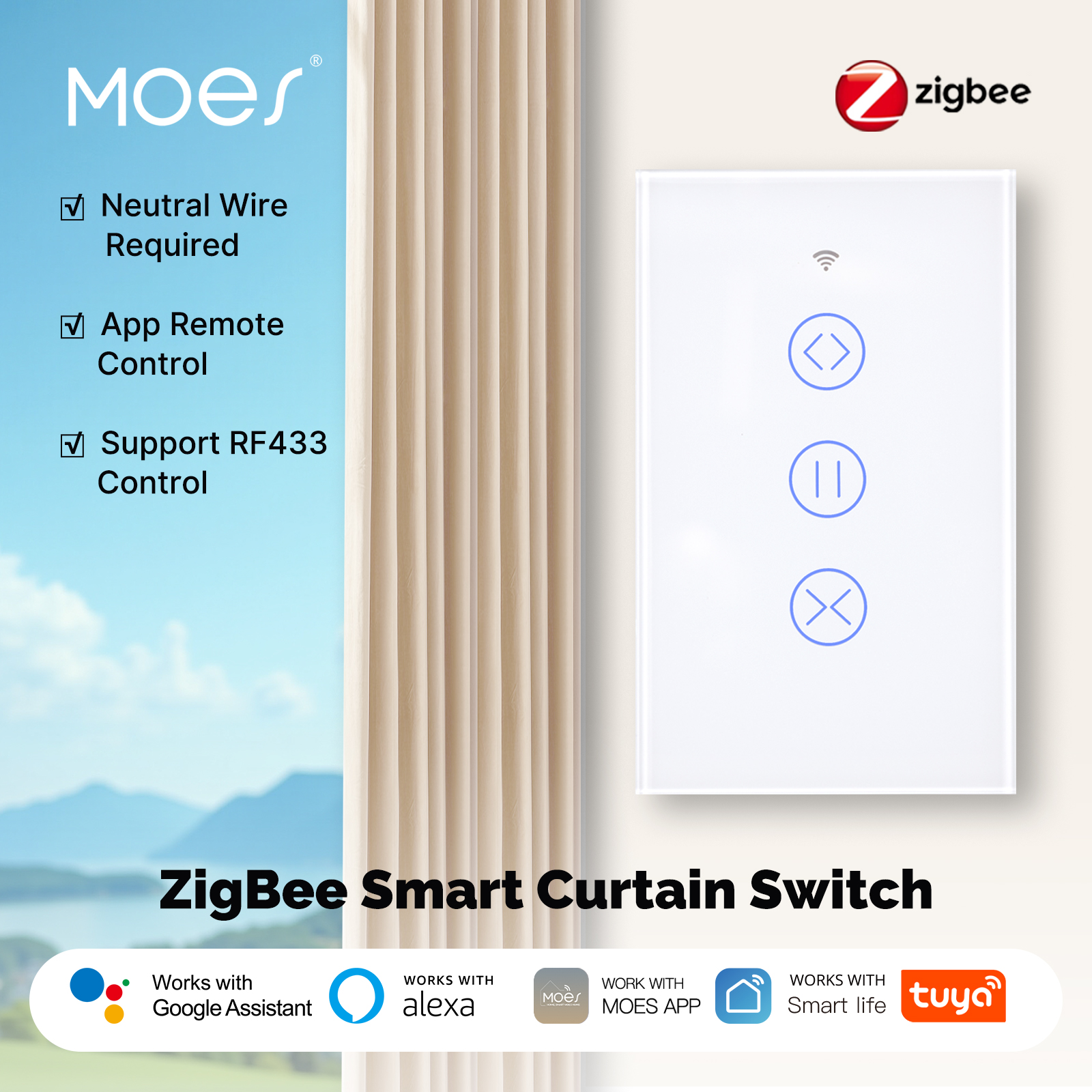 MOES Tuya ZigBee スマートカーテンスイッチガラスタッチ RF アプリワイヤレス制御耐火中性線必要 Alexa Google ホーム