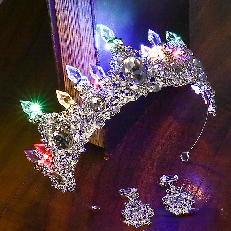グロー花嫁クラウンティアラ LED ライト発光ガールプリンセスラインストーンヘアアクセサリー誕生日パーティー結婚式クリスマス装飾