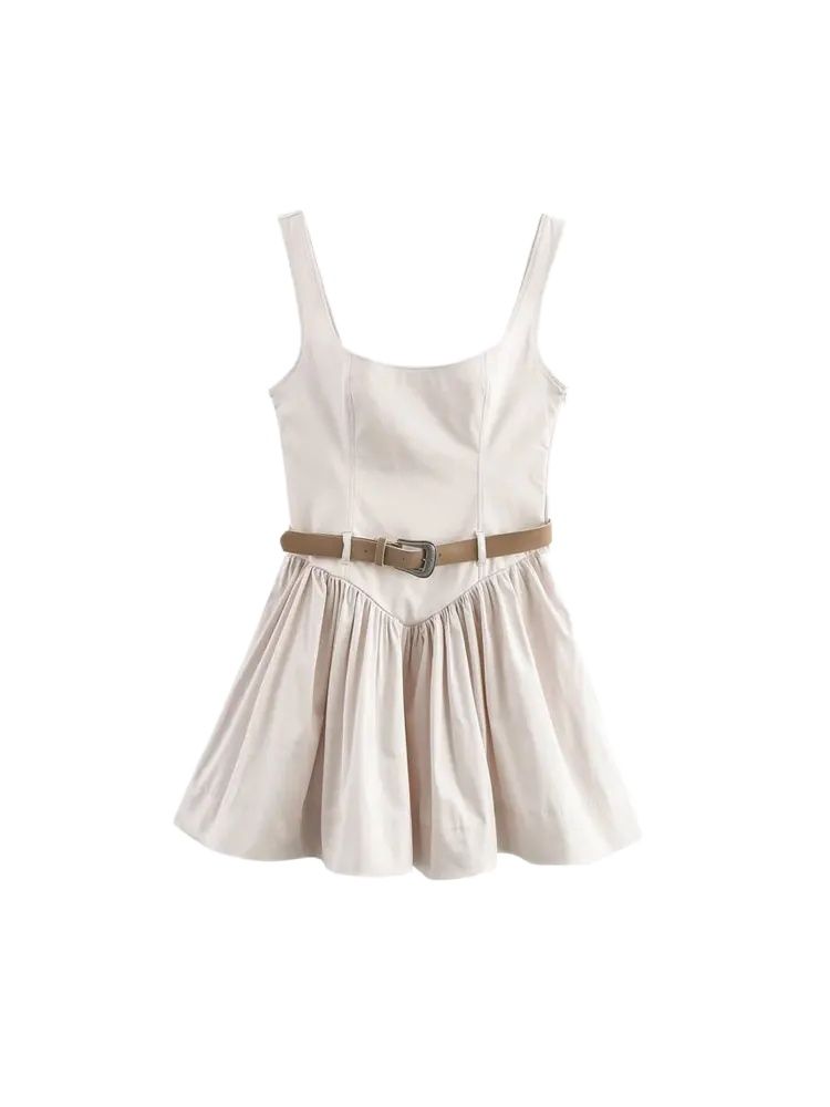 女性のファッションギャザー裾フィットミニドレスベルト O ネックワイドストラップ女性のドレス Vestidos Mujer