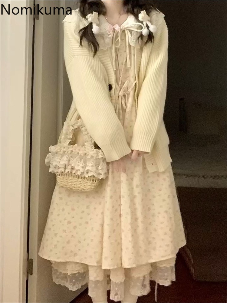 プレッピースタイルドレス衣装 2 点セット女性ニットカーディガンコートピーターパンカラー花柄マキシドレススーツスイートシックセット