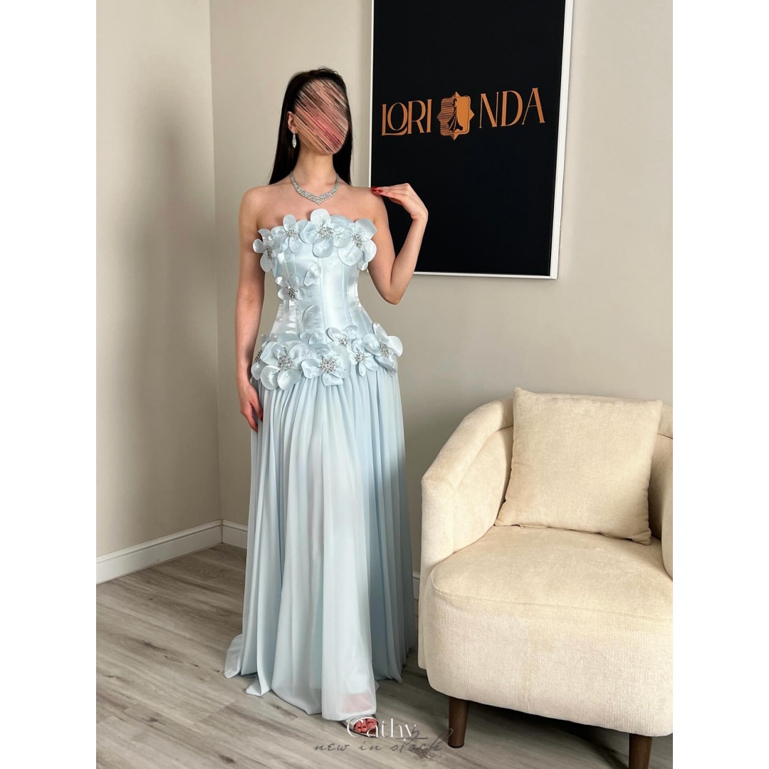 Cathy カスタマイズされたスカイブルーストラップレス 3D 花ウエディングドレス床長さの Vestidos デ noche A ラインクリスタルイブニングドレス 2026