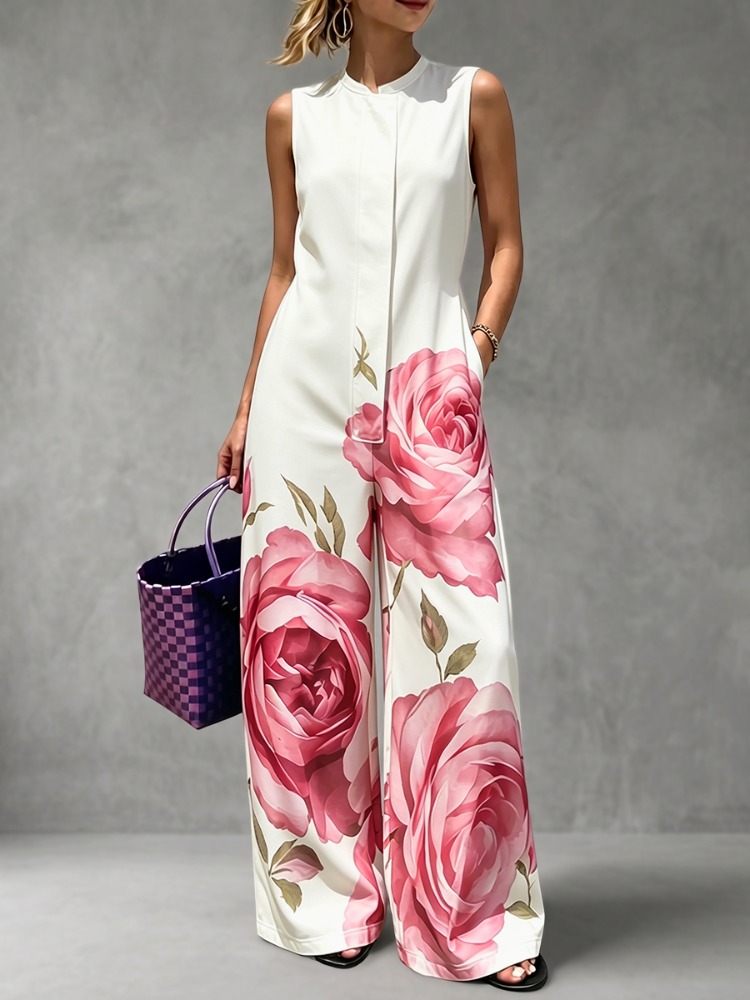 UOOZEE Women's Elegant Chic Big Rose Printed Sleeveless Jumpsuits 2026 New Loose Pockets High Waisted Wide Leg Casual Romper