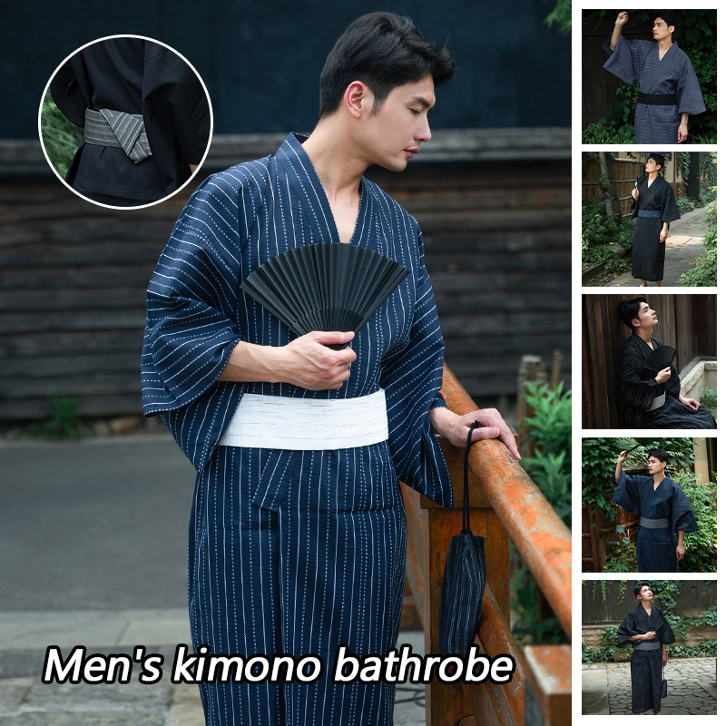 伝統的な日本の着物サムライ衣装浴衣夏男性ロングローブ付きベルト綿パジャマセット男性パジャマバスローブ