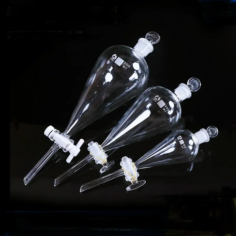 実験室実験用、30ml～1000mlの洋ナシ型透明厚手分液漏斗（ガラス/PTFEピストン付き）1個