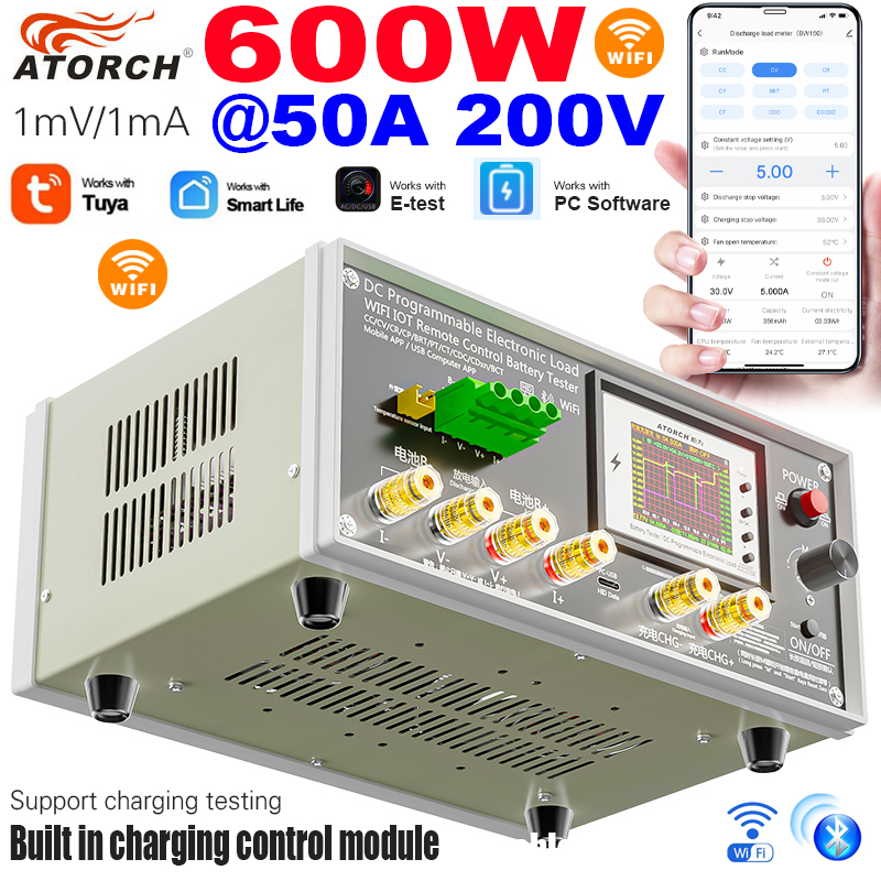 BW-600W-DK WiFi 200V 50A DC 電子負荷テスター高精度解像度バッテリー容量モニター充電ツール Tuya アプリ