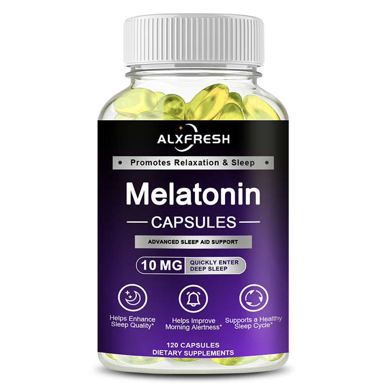 Alxfresh メラトニン 10mg、B6 配合 |リラクゼーションを促進 ベジタリアン、非遺伝子組み換え、グルテンフリーの栄養補助食品 120/60 カプセル