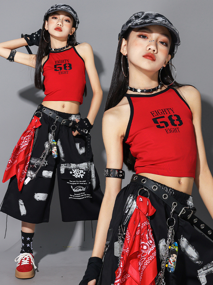 Girls Hip Hop Crop Red Tank Tops Cargo Shorts Children K-pop Street Dance Costume Kids Girl Group Streetwear Jazz Clothes Sets