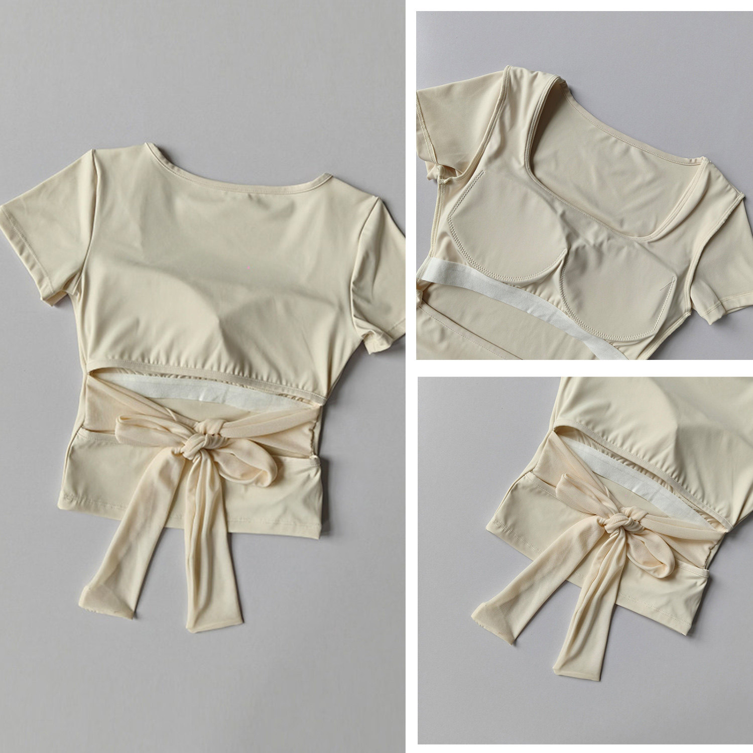 セクシーな背中の開いたストラップ半袖サマースポーツ Tシャツウエスト痩身フィットネストップ固定胸パッドジムヨガウェア女性用