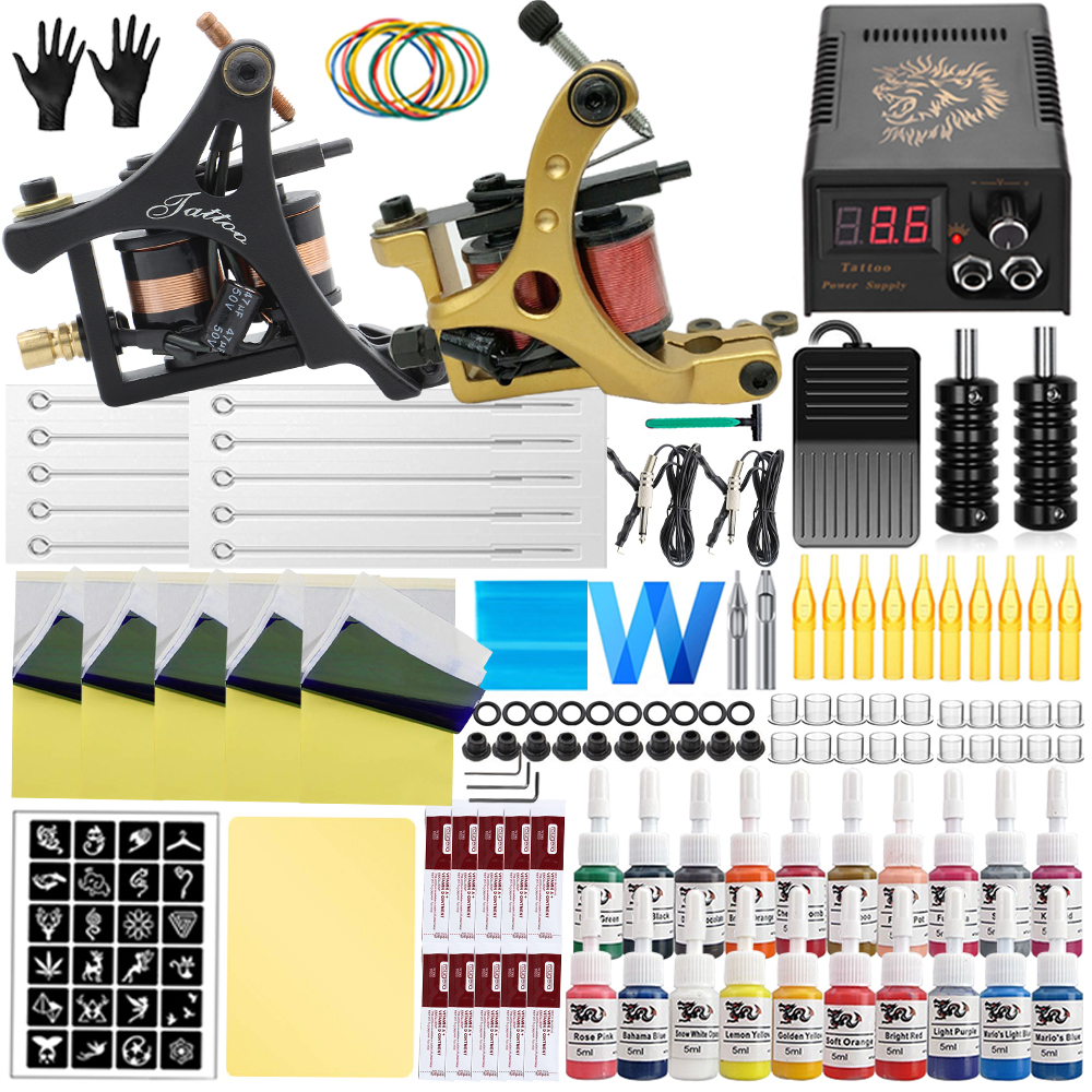 Complete Coils Tattoo Kit Liner Shader Machine Power Supply Inks with Tattoo Needles Accessories Set for Tattoo Beginner Kit