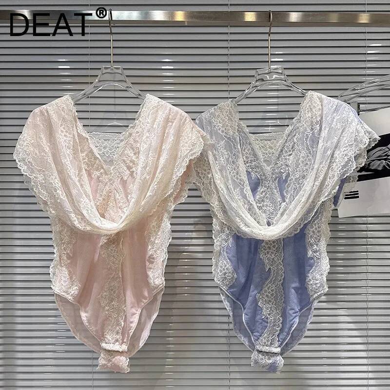 DEAT 2026 夏新セクシーなホットガール V ネックレースショールカラージャンプスーツ女性のためのスリムフィットノースリーブストレッチ遊び着 11B422