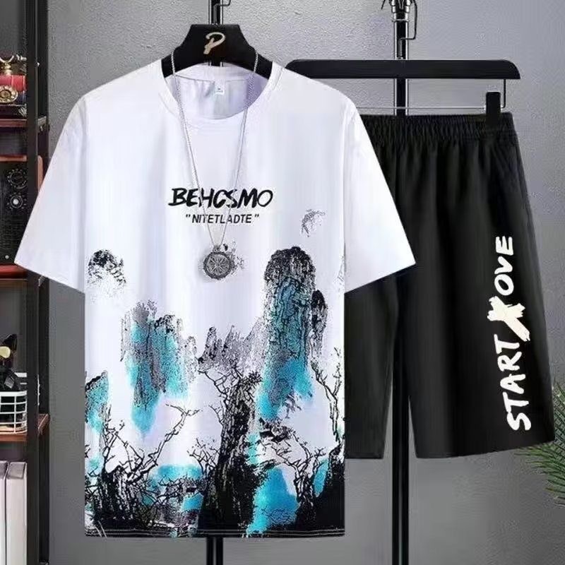 2024 夏のレジャーメンズセットマンガグラフィティ Tシャツ Tシャツショーツ 2 ピース快適で通気性のある男性のためのトッププリント Tシャツ S