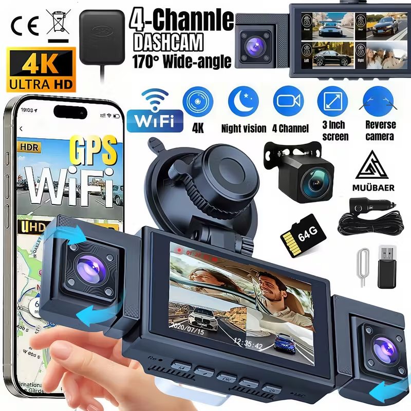 4チャンネル4KカーダッシュカムDVR、内蔵Wi-Fi