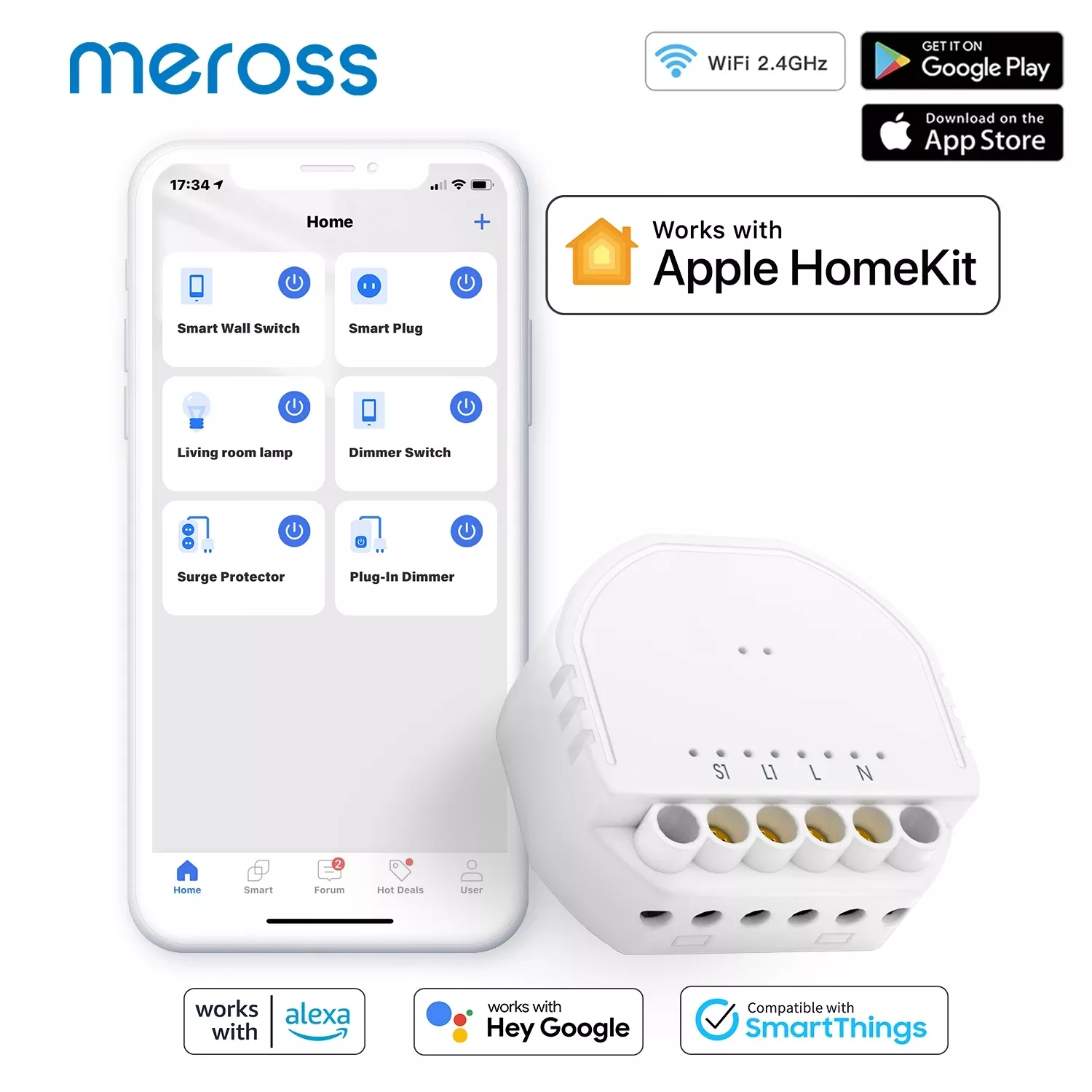 Meross HomeKit WiFi スマートスイッチモジュール 1 ギャング 1 ウェイ DIY ライトスイッチ Apple HomeKit Siri Alexa Google Home SmartThings 用