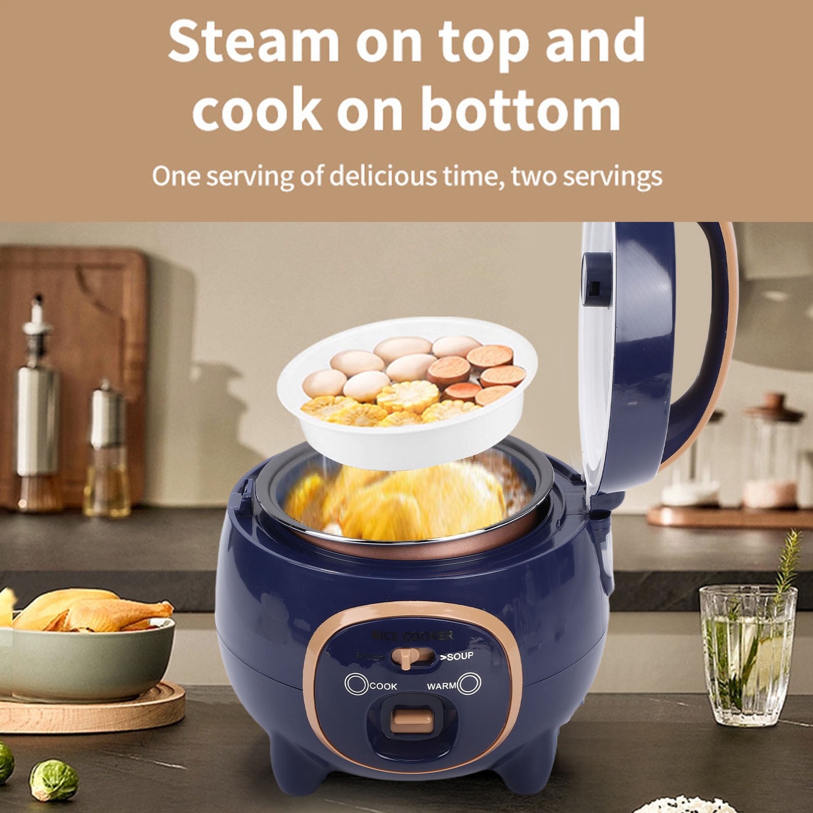 1.8L Mini Rice Cooker with Steam Rack 350W Nonstick Multifunctional Electric Small Rice Maker for Grain Soup 110V/220V