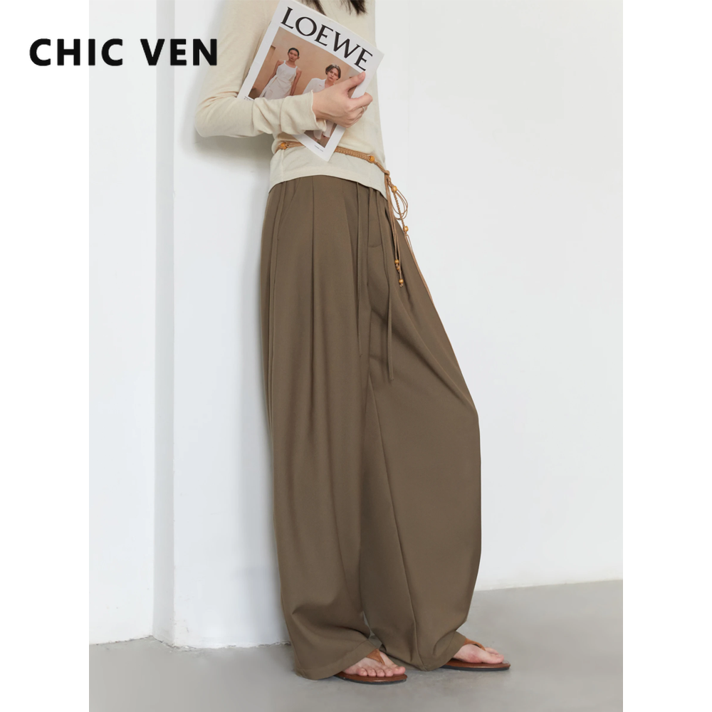 シック VEN 女性パンツソリッドルーズカジュアルワイドレッグパンツ巾着プリーツ女性のスーツのズボンオフィスレディース Sping 秋 2025