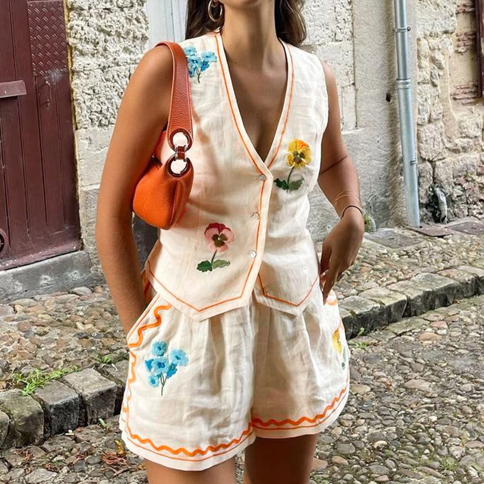 女性の夏休みファッションセット 2 ピース衣装刺繍印刷ボタンダウンシャツノースリーブベストハイウエストショーツセット