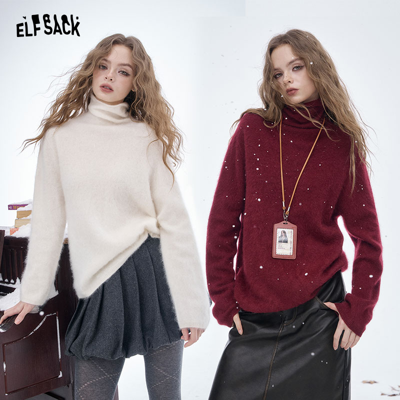 Elfsack 2025 特大タートルネック斑点ニットセーター女性用、プレッピースタイルルーズ長袖カジュアルプルオーバー