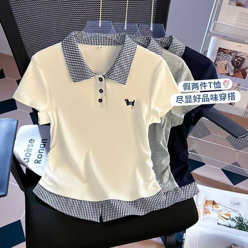 夏の女性の新しいルーズカジュアル通勤スタイルパターンスプライシングターンダウン襟プラスサイズ半袖 Tシャツ