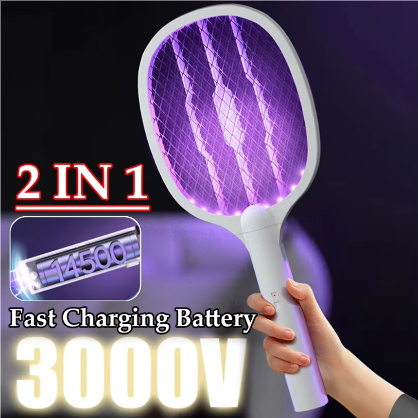 ハンドヘルド電動ハエたたき 3000V バグザッパーラケット 2 in 1 ハエたたき USB 充電式蚊キラーランプ付き害虫駆除