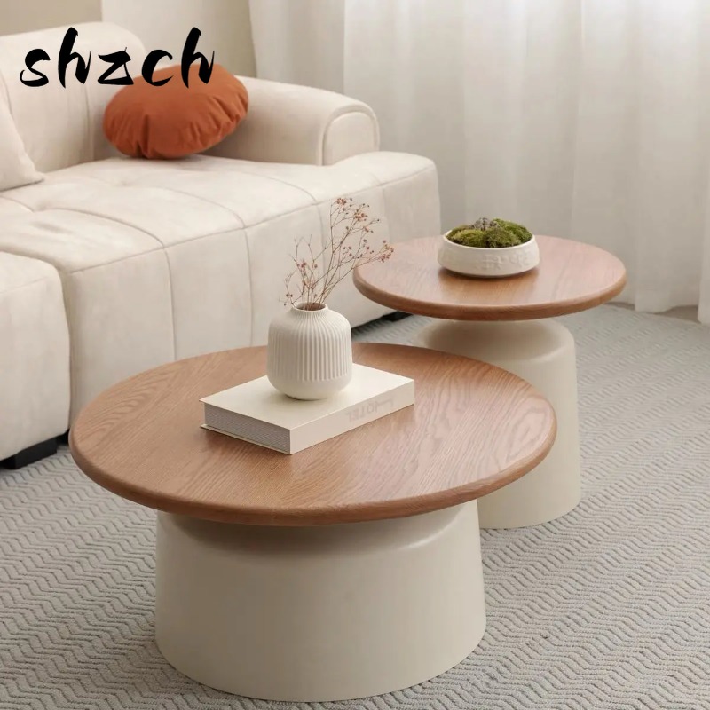 Wood Top & Cream Color High-Low Coffee Table - Luxury Round Side Table for Home Living Room Next to Sofa