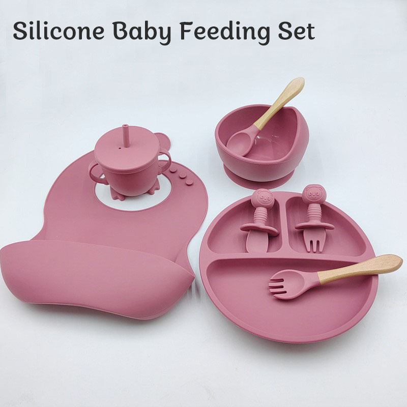 8 個のシリコンベビー授乳セット子供用シリコン食器、プレート、ボウル、スプーン、フォーク、よだれかけ