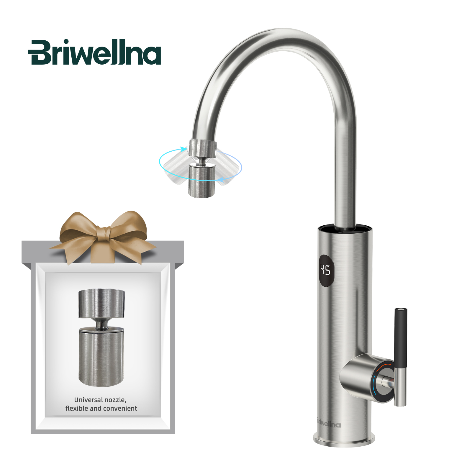 Briwellna インスタント温水タップ柔軟なエクステンダーノズル 220V 電気蛇口ユニバーサルスパウトステンレス鋼加熱タップ