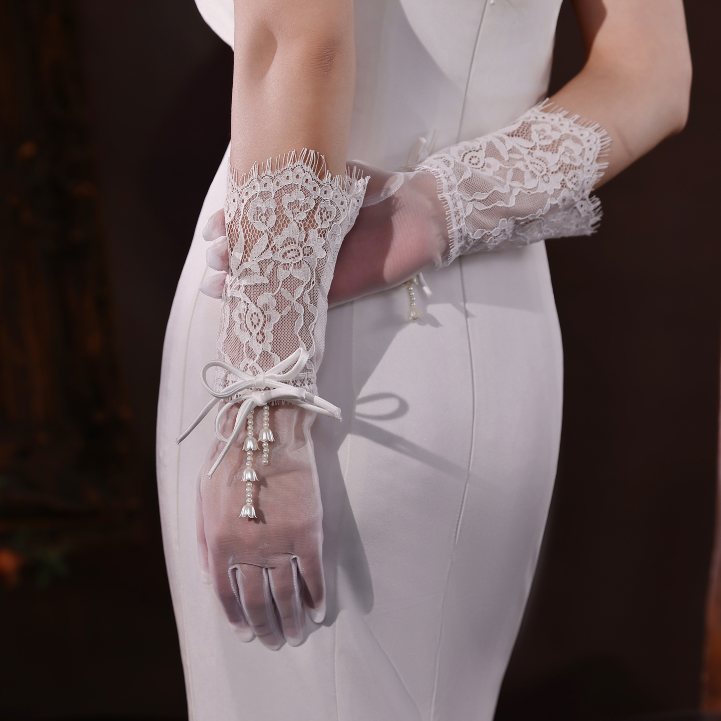 WG220 ヴィンテージレース透明チュールウェディンググローブエレガントな蝶結びの花嫁の結婚式のディナーセレモニー