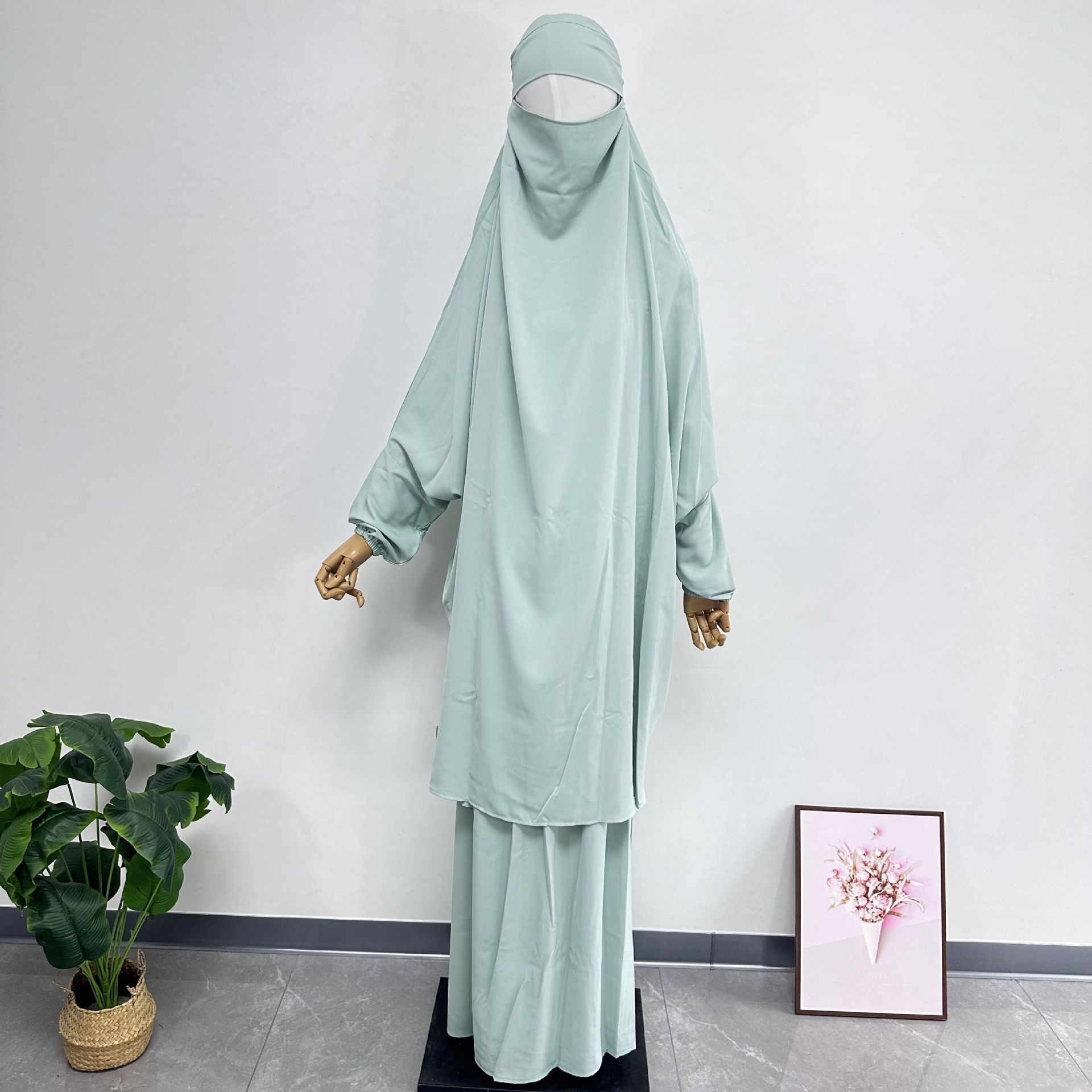2 個ラマダン Khimar フード付きアバヤイスラム教徒セット女性イードジェラバスカートドレスイスラム服祈り衣服ヒジャーブ Jalabiya ブルカ