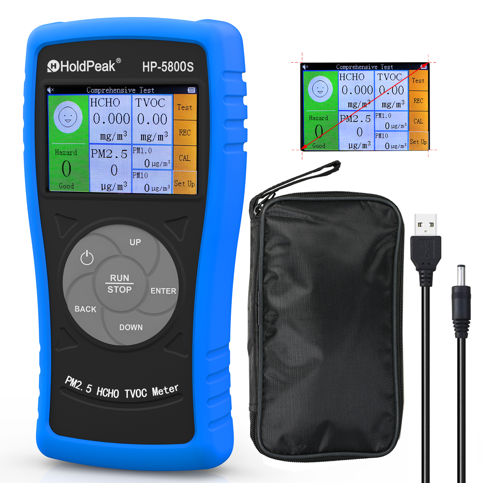 3 in 1 空気品質モニター、PM2.5、PM10、HCHO、TVOC をテストするホルムアルデヒド検出器、屋内、屋外用 USB 充電式