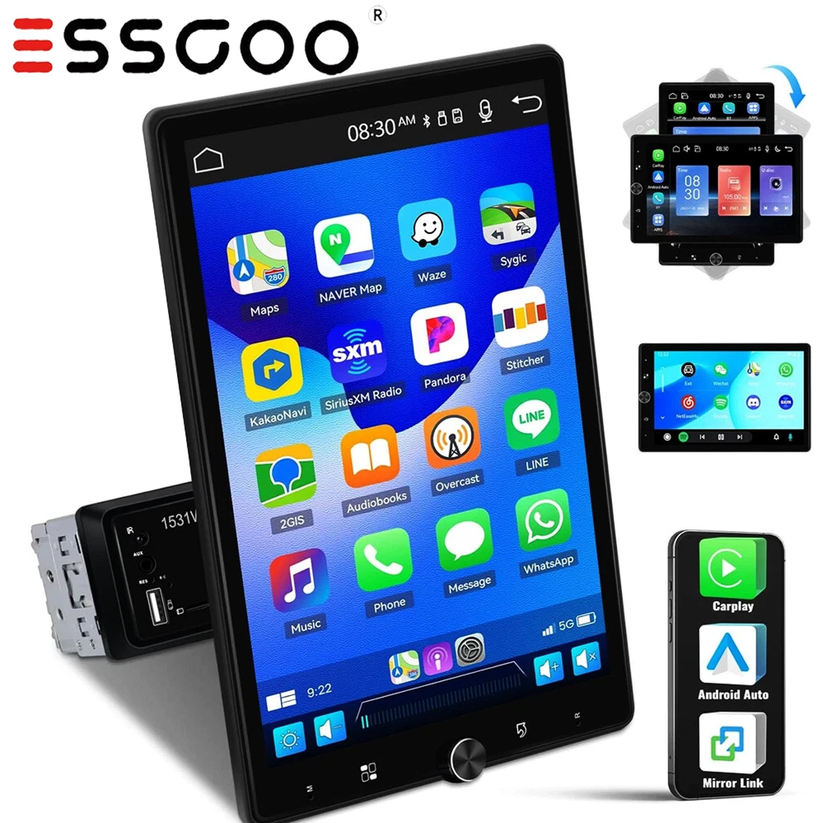 ESSGOO 10.4 インチ回転可能な IPS タッチスクリーンシングル 1 DIN カーステレオワイヤレス Apple Carplay Android Auto USB AUX TF FM Bluetooth