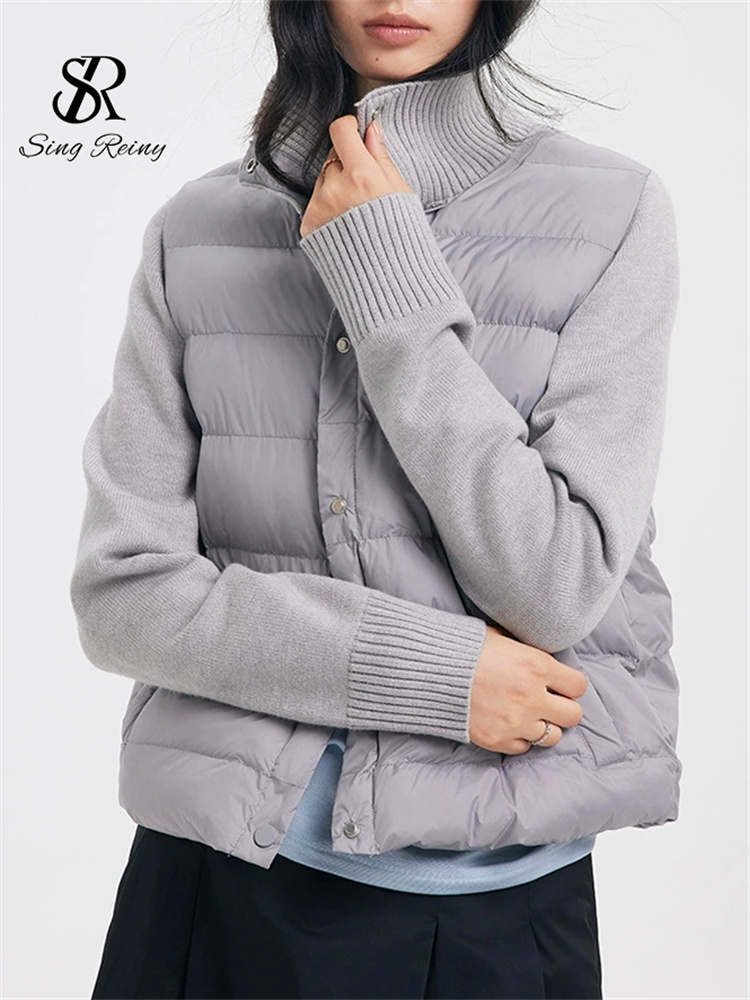SINGREINY ウール綿入りジャケット秋暖かいニットフルスリーブスプライスカジュアルコート 2026 固体レディース秋カシミヤアウター