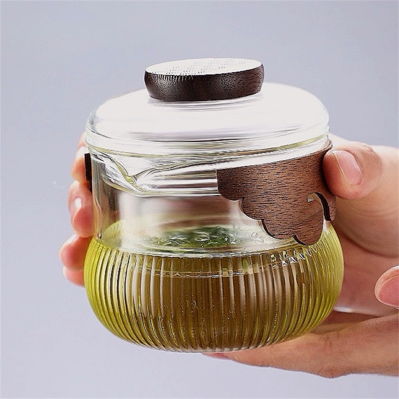 250 ミリリットル高ホウケイ酸ガラス Gaiwan 抗火傷木製ハンドルカンフー茶セット醸造緑茶手持ちポット