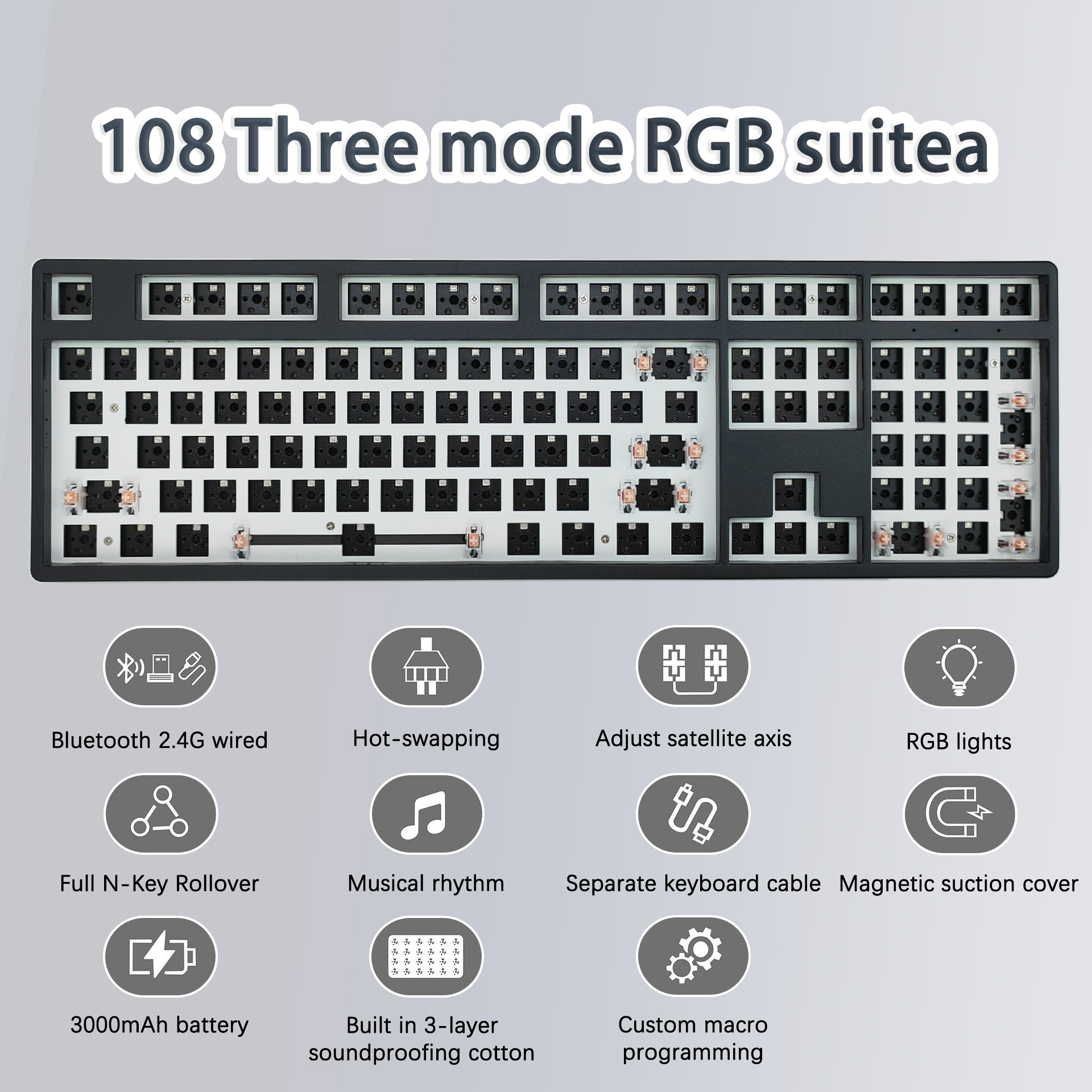 108 キーメカニカルキーボードキット 3 モードワイヤレス Bluetooth RGB ホットスワップ可能ガスケットカスタマイズキーボードゲーミングキーボードキット