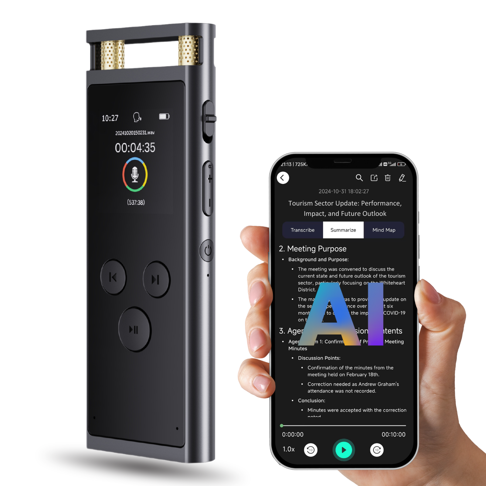 AIボイスレコーダー 文字起こし、翻訳、要約、マインドマッピング、音声起動 64GB アルミディクタフォン [AI版]