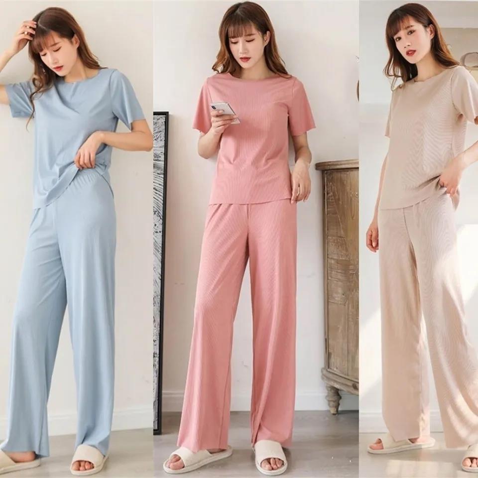 女性の夏用軽量ソリッドカラーホームウェアセット - 怠惰なパジャマ用の半袖ストレッチウエストパンツ