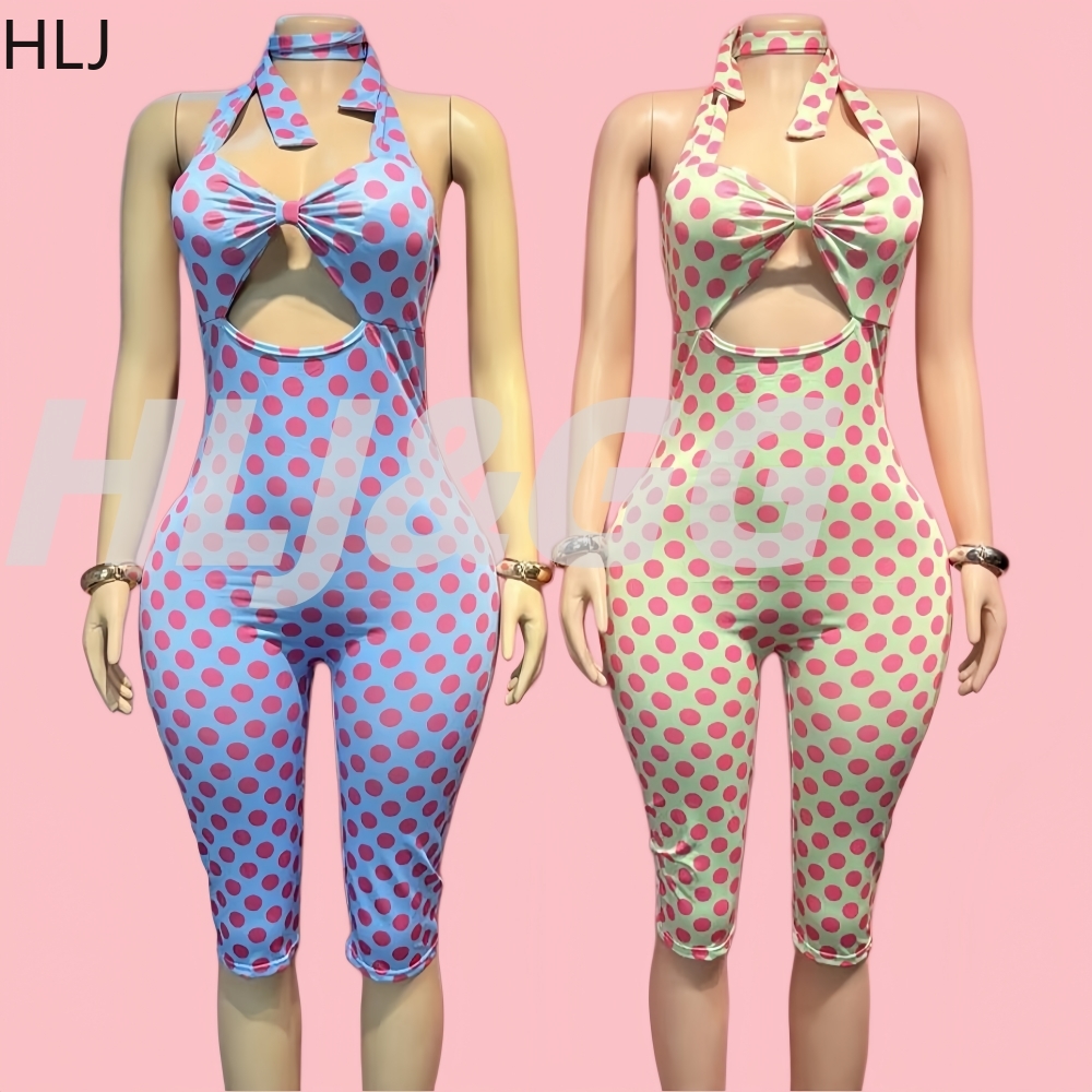 HLJ 2026 夏の婦人服水玉プリントホルタージャンプスーツ女性 Y2K セクシーな包帯背中の開いたノースリーブボディコンジャンプスーツ
