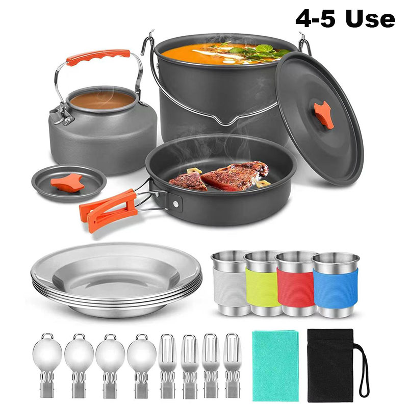 アルミアウトドアキャンプ調理器具セットメッシュバッグ付き折りたたみ調理セットキャンプキッチン調理ティーポットとフライパン機器