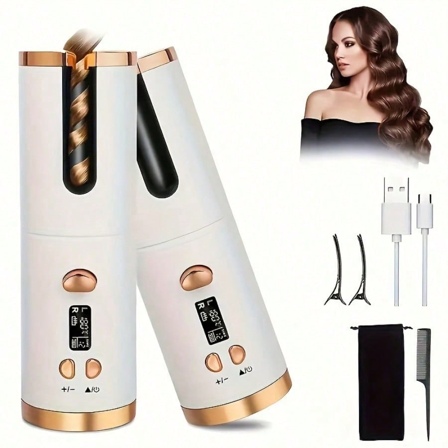 自動ヘアアイロン — USB充電付きポータブルコードレスカーラー、すべての髪質に適し、6段階の温度調整